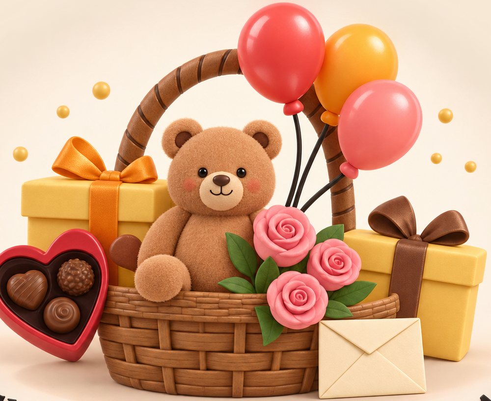 A woven gift basket with a teddy bear, pink roses, balloons, heart-shaped chocolates, gift boxes and a card